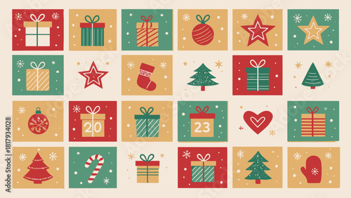 Festive Christmas advent calendar design with classic holiday icons offers joyful anticipation for the season celebrations with modern vector style