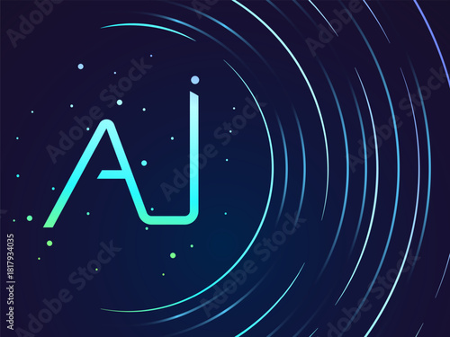 Artificial intelligence with Futuristic Letter AI Luminous Circle lines Movement on blue dark background vector design concept. AI technology for advance technology, automation, data visualization.