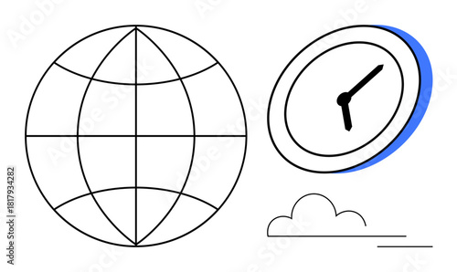 Globe representing global presence, clock symbolizing time, cloud for technology. Ideal for globalization, time management, internet, communication, business future teamwork. Simple flat metaphor