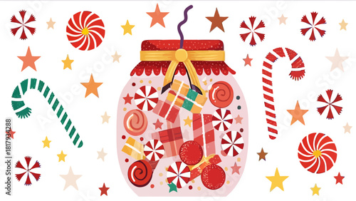 Holiday cheer with whimsical candy jar, festive sweets and colorful stars, ideal for holiday promotions, party invites, and joyful seasonal designs