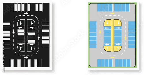 Overhead view of two parking lot layouts with differing design aesthetics