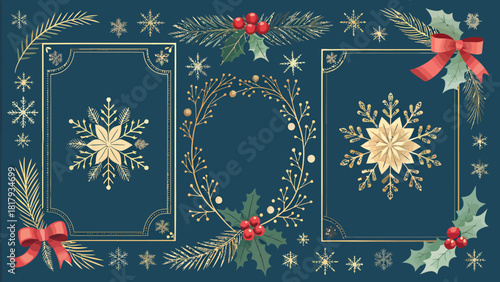 Elegant golden Christmas frames and wreath create a festive holiday atmosphere with snowflakes and berries, perfect for seasonal designs and greetings