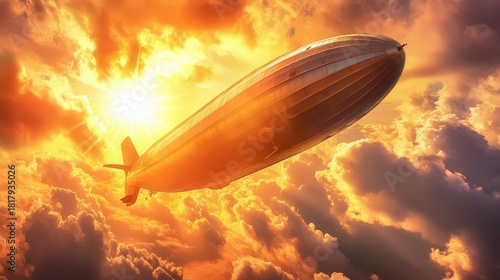 A stunning airship gliding through a vibrant sunset sky.