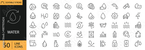 Water icons set. Includes symbols of drops, waves, bottles, rain, purification, and conservation. Editable stroke. Vector illustration. Outline icons. Perfect for nature and environment projects.