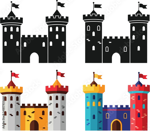 A colorful illustration depicting various medieval castles and fortress designs