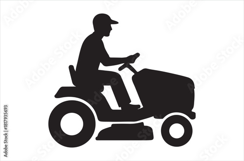 Silhouette of a person operating a lawn mower in a black and white style