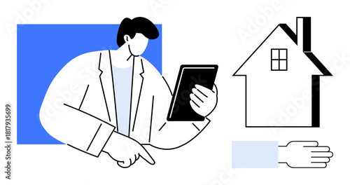 Professional man with tablet pointing to a house, representing real estate, property management, and investment. Ideal for sales, marketing, home search, digital tools, consulting business simple