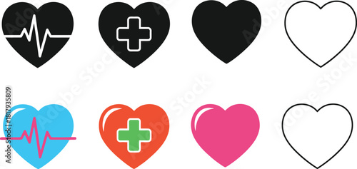 Collection of heart icons depicting health love and medical themes