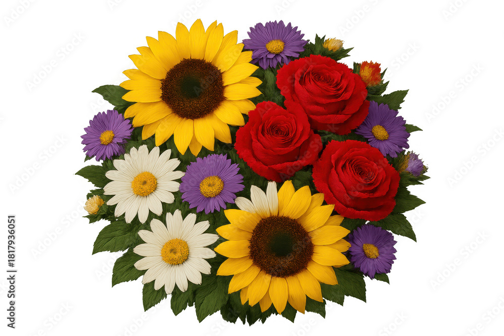 Naklejka premium Colorful floral bouquet featuring red roses, yellow sunflowers, white daisies, and purple asters on transparent background
