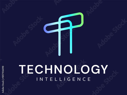 technology intelligence with Letter T word meaning Tech network lines overlapping Analysis logo vector design concept. Advanced technology logotype symbol for ui, tech company, automations, big data.