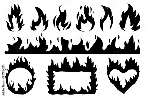 vector cartoon black fire elements set, clipart isolated on transparent background. 
