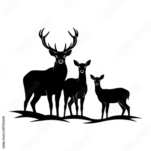Stag doe and fawn deer family silhouette standing on hill vector illustration