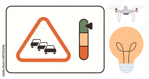 Traffic congestion warning sign next to a progress meter, quadcopter, and lightbulb. Ideal for road safety, technology, energy efficiency, innovation, smart cities, mobility simple flat metaphor