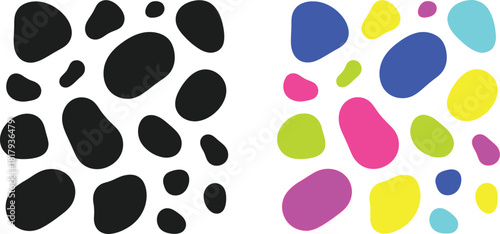 Abstract colorful blobs and black shapes arranged side by side
