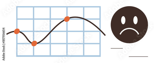 Line graph with downward trend alongside sad face. Ideal for performance loss, business challenges, failure, analysis, recession, disappointment, frustration. Simple flat metaphor