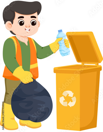 Illustration of Man Recycling Plastic Bottle