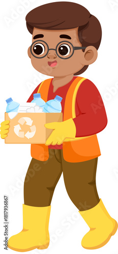Cartoon Man Carrying Recycling Box with Bottles