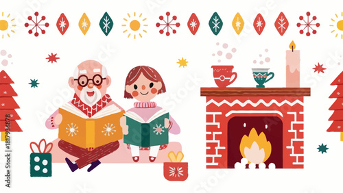 Heartwarming holiday scene featuring a grandfather and granddaughter reading by the cozy fireplace, evoking feelings of love, family, and holiday cheer