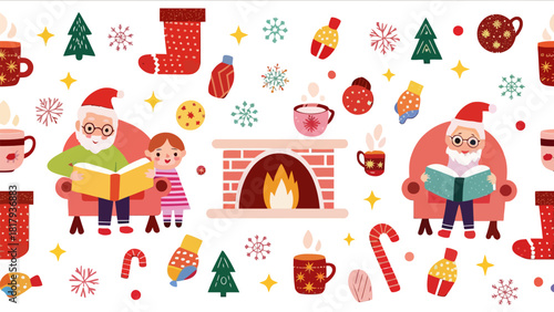 Delightful Christmas atmosphere with Santa reading to a child by the fireplace, surrounded by festive decorations and cozy charm originally created as vector art