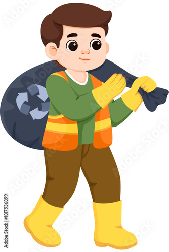 Illustration of Man Picking Up Trash