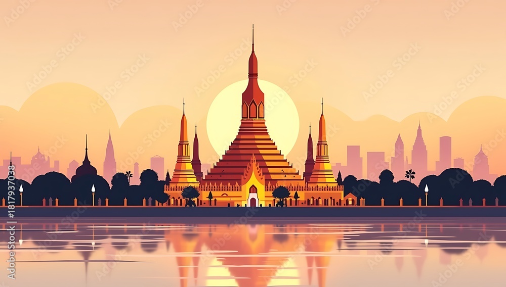 Naklejka premium Flat vector illustration of Bangkok’s Wat Arun temple at sunset, golden spires reflecting on the river, soft gradient sky, minimal clean geometric shapes, vibrant cultural mood, modern travel style.