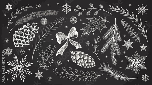 Enchanting winter holiday season with hand-drawn pine cones, snowflakes and festive botanicals to celebrate the magic of Christmas and New Year's