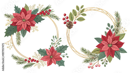 Festive Christmas wreaths with poinsettias and winter foliage, perfect for holiday cards, invitations, and seasonal designs with timeless elegance