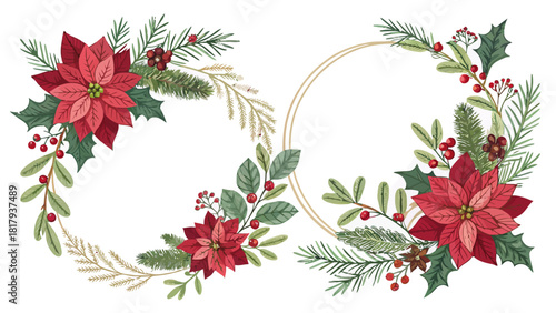 Festive poinsettia and berry holiday wreaths perfect for elegant Christmas invitations or winter wedding stationery designs, adding a touch of seasonal joy