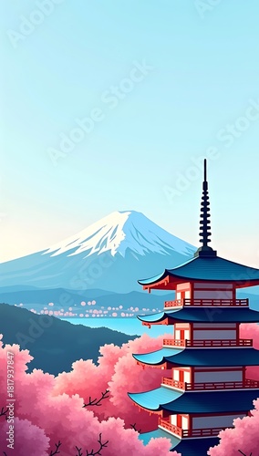 Flat-vector illustration of a traditional Japanese pagoda overlooking cherry blossom hills, Mount Fuji silhouette in the background, calm blue sky, minimalist clean shapes, bright harmonious colors, 