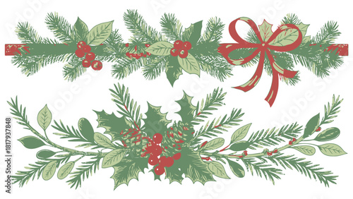 Elegant Christmas greenery with berries and ribbon for holiday greetings, invitations, and festive designs creating a warm, cozy, and joyous atmosphere