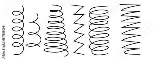 Set of minimalist spring icons with transparent background, depicting flexible coiled lines, mechanical components, elastic elements, and suspension systems, vector illustration