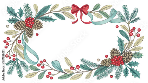 Festive Christmas frame with pinecones, red berries, and a charming red bow, perfect for holiday cards and seasonal cheer, originally a vector graphic