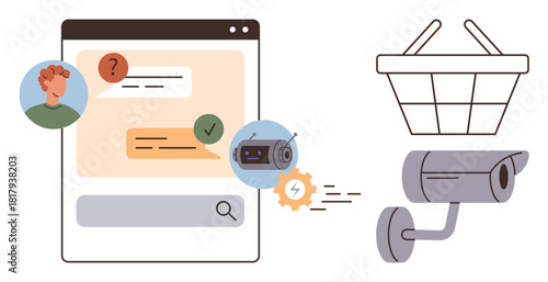 Chat interface with user and chatbot conversation, gear and lightning bolt for automation, shopping basket for e-commerce, and surveillance camera. Ideal for AI, cybersecurity, e-commerce, privacy