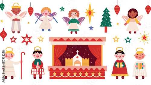 Whimsical Christmas Nativity Scene with Angels and Church, Perfect for Holiday Greetings and Festive Designs, Originally a Vector Graphic