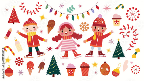 Cheerful winter fun with kids skating among festive holiday treats and decorations, celebrating the joyful season with warmth and happiness