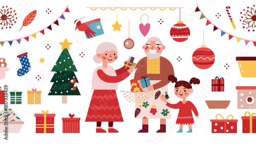 Heartwarming Christmas celebration with family exchanging gifts near a festive tree and ornaments, vector illustration perfect for seasonal greetings