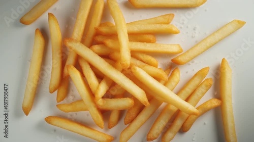 top view french fries falling onto white table with salt