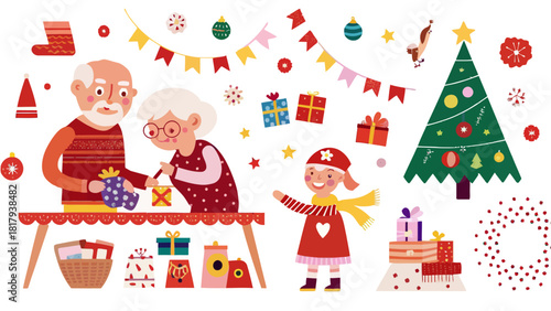Grandparents joyfully wrapping Christmas presents with their grandchild, creating lasting memories during the festive holiday season, vector art