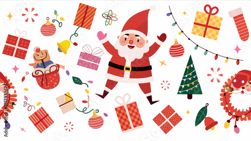Cheerful Santa Claus surrounded by gifts and festive decorations, spreading holiday cheer for Christmas celebrations, originally created as scalable vector