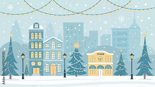 Festive winter cityscape with snow falling and Christmas lights, evokes holiday cheer and cozy vibes, perfect for seasonal greetings and event promotions