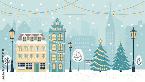 Charming winter townscape with snow falling, illuminated buildings, and decorated Christmas trees, perfect for holiday greetings and seasonal promotions