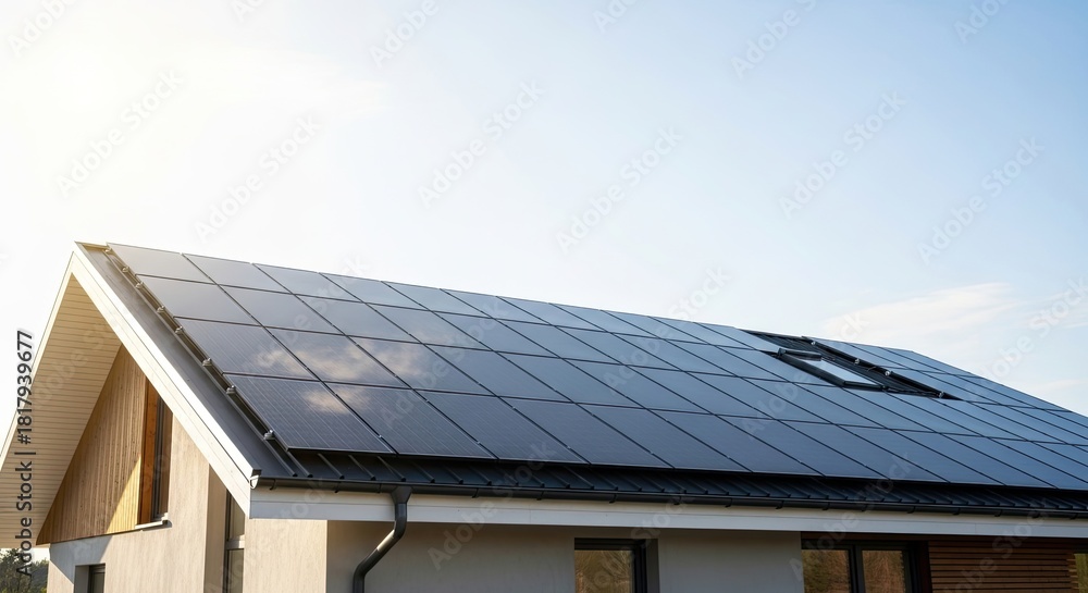 Fototapeta premium A modern house with solar panels on the roof.