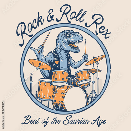 Rock and Roll Dinosaur Drummer.Retro T Rex Music Mascot.Vintage Dino Drum Kit Badge.Saurian Rocker Illustration.Cool Tyrannosaurus Drummer Print