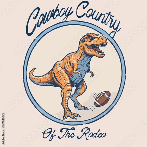 T Rex Football Badge.Retro Dino Rodeo Mascot.Cowboy Country Graphic.Vintage T Rex Sport Art.Tyrannosaur Western Game