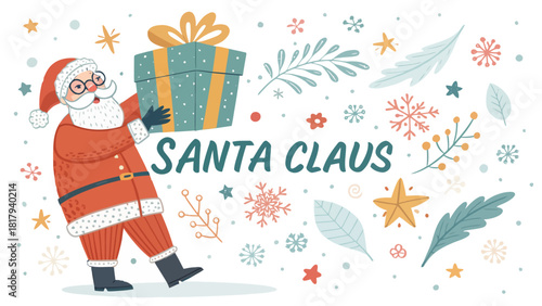 Festive Santa Claus Carrying a Christmas Present with Holiday Decorations for Greeting Cards and Social Media, Perfect for Spreading Joy
