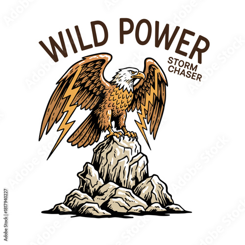 Wild Power Eagle Emblem.Retro Mascot Logo Vector.Vintage Lightning Bird Art.Eagle on Rock T-shirt Print.Strong Power Sport Badge
