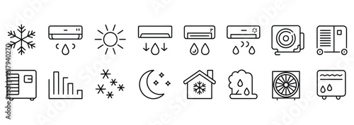 Stay cool with efficient air conditioning systems for summer days and nights, discover energy saving solutions for homes and businesses with modern climate control icons
