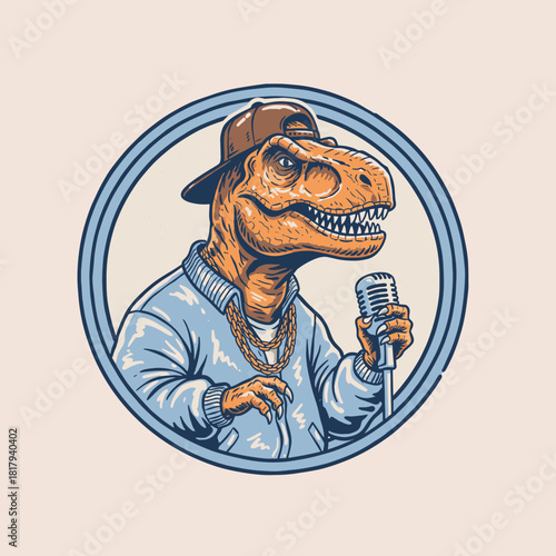 T Rex Rapper Mascot Badge.Vintage Dinosaur MC Illustration.Hip Hop Tyrannosaurus Logo.Retro Raptor with Microphone.Cool Dino Streetwear Print