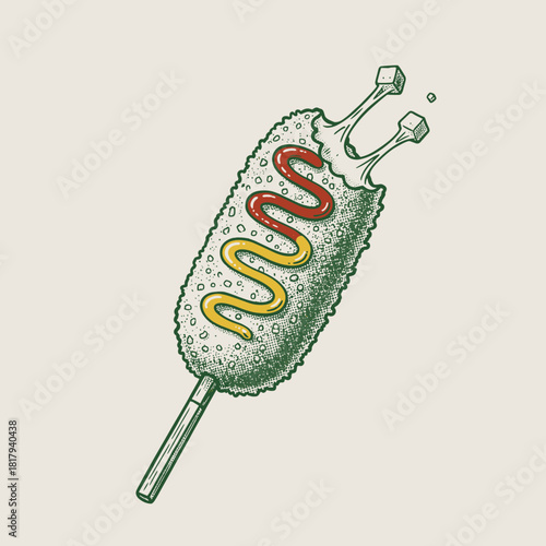 Engraved Corn Dog Illustration.Vintage Street Food Sketch.Retro Fried Snack Vector.Mozzarella Corn Dog Art.Hand drawn Fast Food