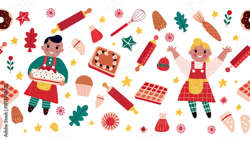 Delightful hand-drawn baking scene brimming with joy and holiday cheer featuring kids, baked goods, and festive stars for social media and creative projects